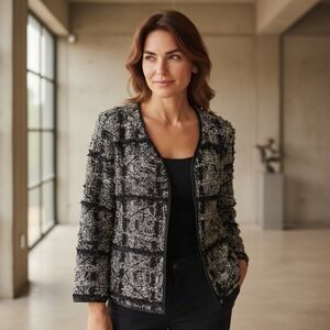 Chicos Textured Silk Blend Jacket Jacquard Open Front Blazer Black White  Size M